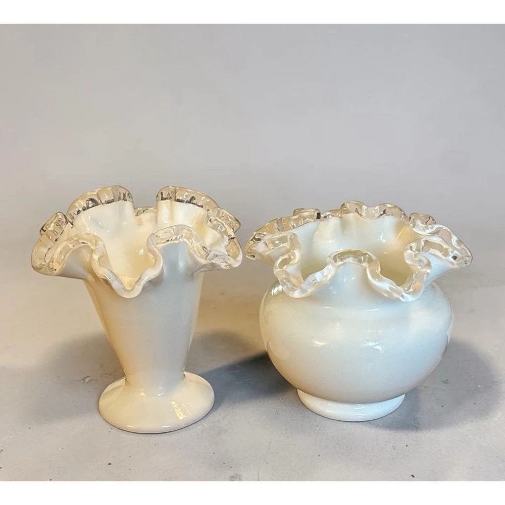 Vintage Fenton Crest White Milk Glass Vase Ruffled Edge Vase Pair